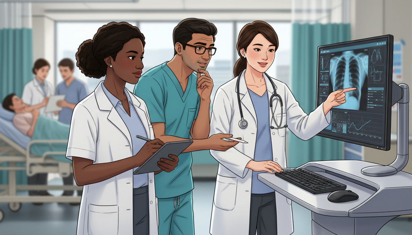 Internal medicine team discussing diagnostic reasoning at a workstation Internal medicine team discussing diagnostic reasoning at a workstation - internal medicine residency for Excelling in Clinic