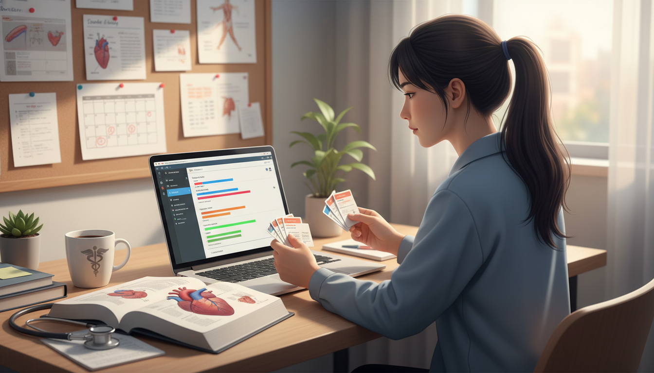 Medical student using spaced repetition flashcards at a desk Medical student using spaced repetition flashcards at a desk - internal medicine residency for Surviving First Year of Med Sc