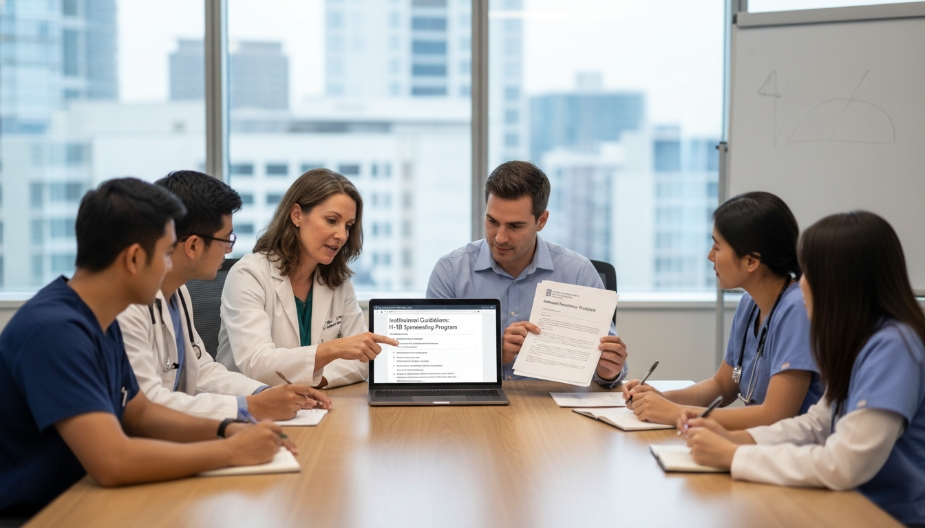Teaching hospital team discussing H-1B sponsorship policies for internal medicine residents Teaching hospital team discussing H-1B sponsorship policies for internal medicine residents - internal medicine residency for