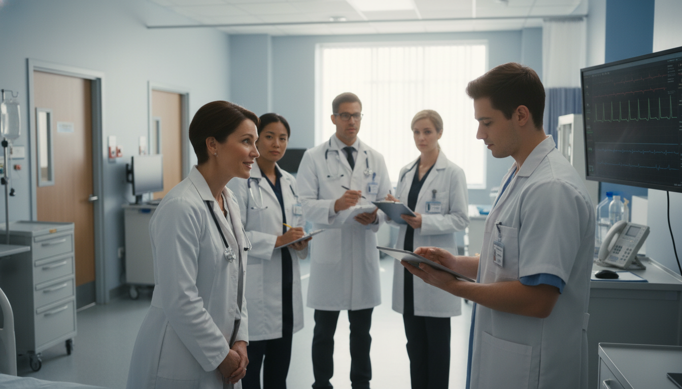 Medical student presenting a case to an internal medicine attending on hospital rounds Medical student presenting a case to an internal medicine attending on hospital rounds - internal medicine residency for Lett