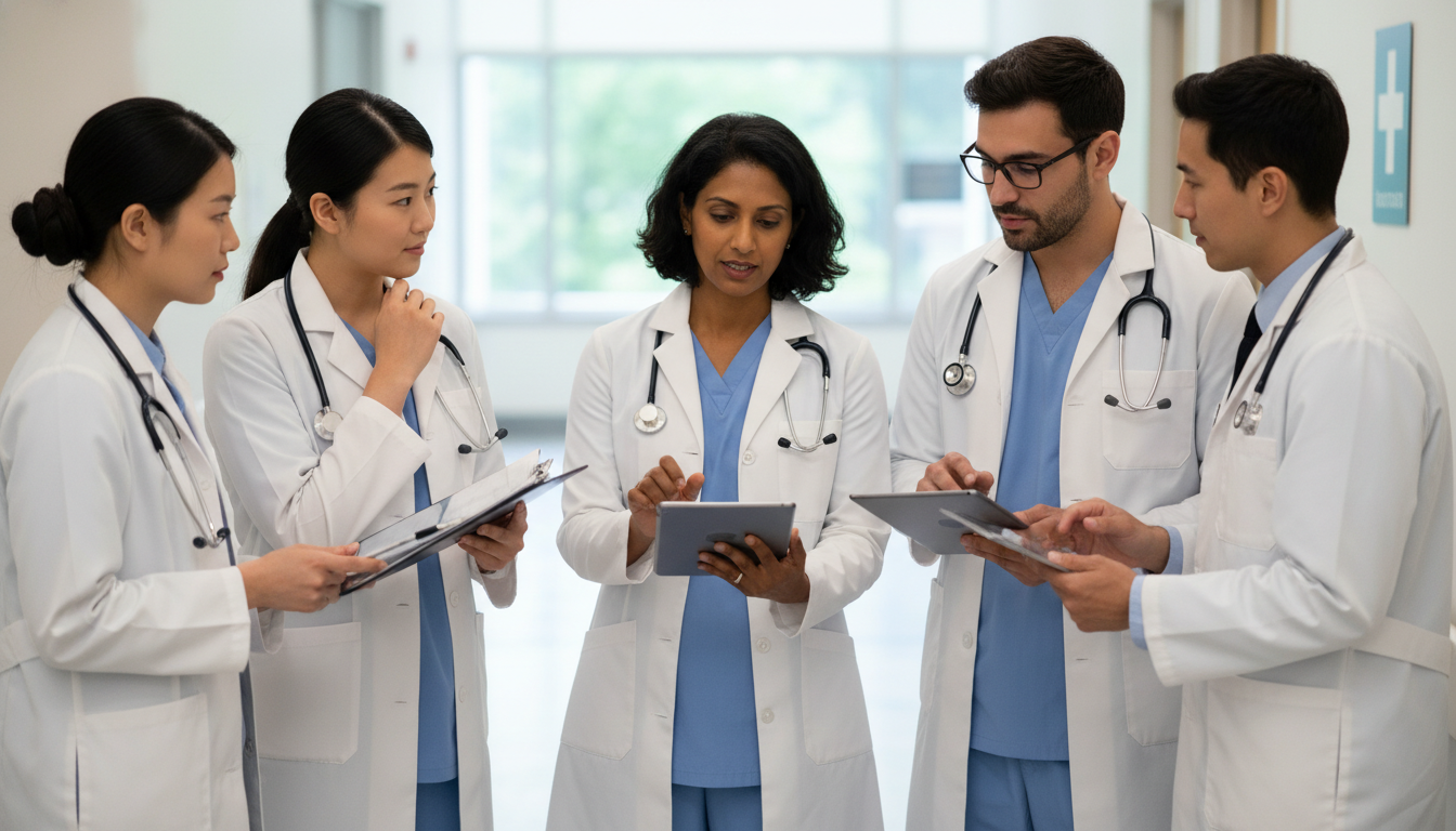 Internal medicine residents discussing a case with an attending on rounds - internal medicine residency for Networking in Med