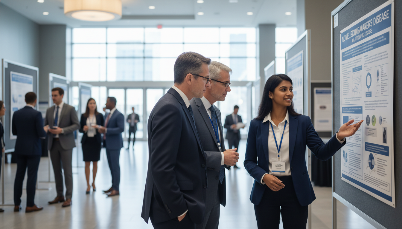 Internal medicine resident presenting a research poster at a conference - internal medicine residency for Networking in Medic