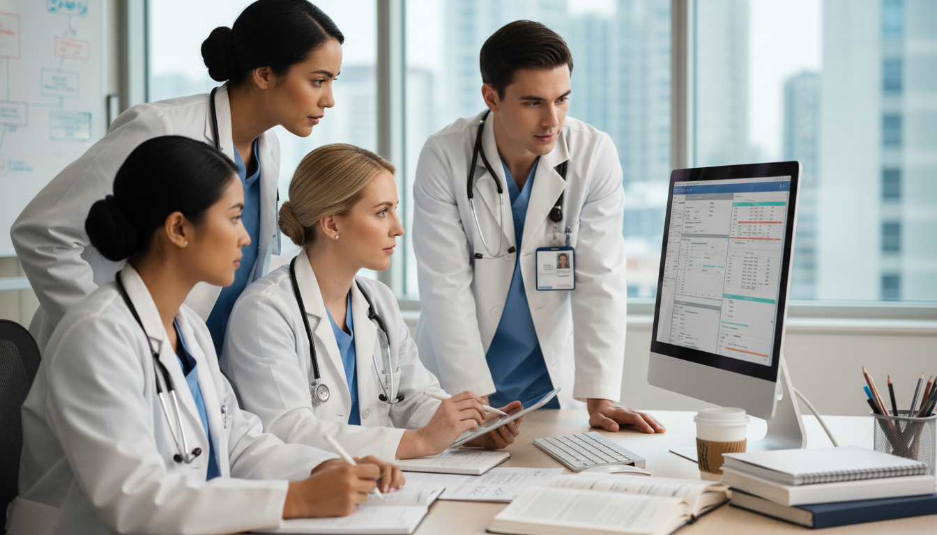 Internal medicine residents discussing patient care at workstation - internal medicine residency for Questions to Ask Program