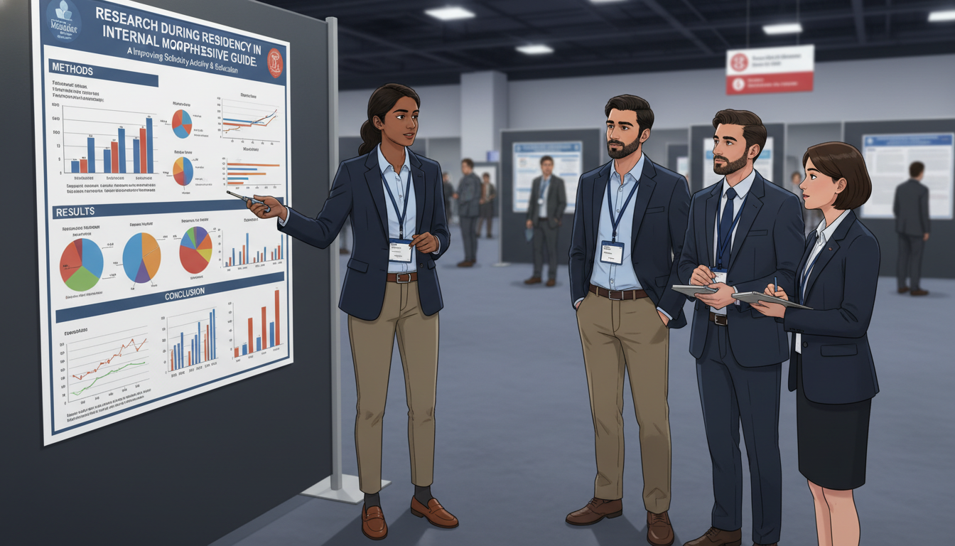 Internal medicine resident presenting a research poster at a conference - internal medicine residency for Research During Res