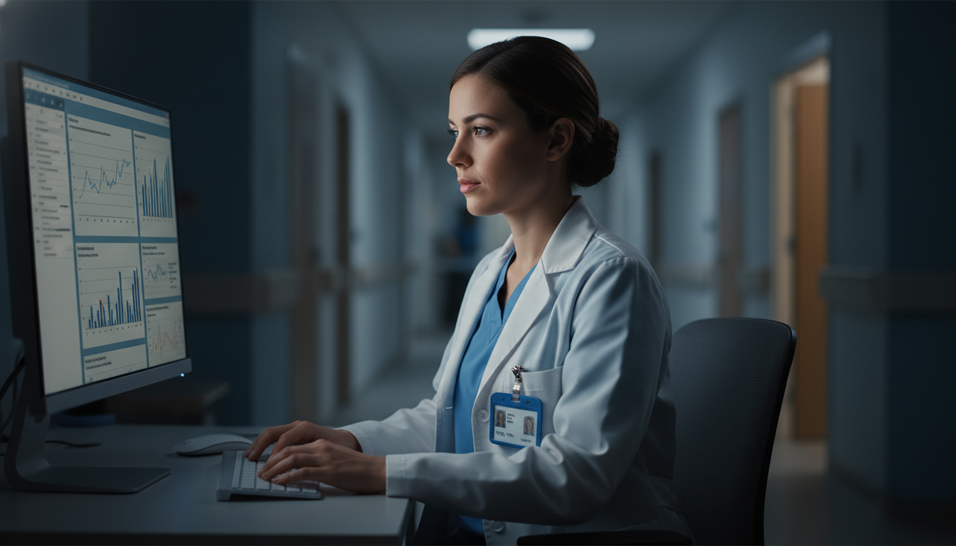 Internal medicine resident working on research data at a hospital workstation - internal medicine residency for Research Duri