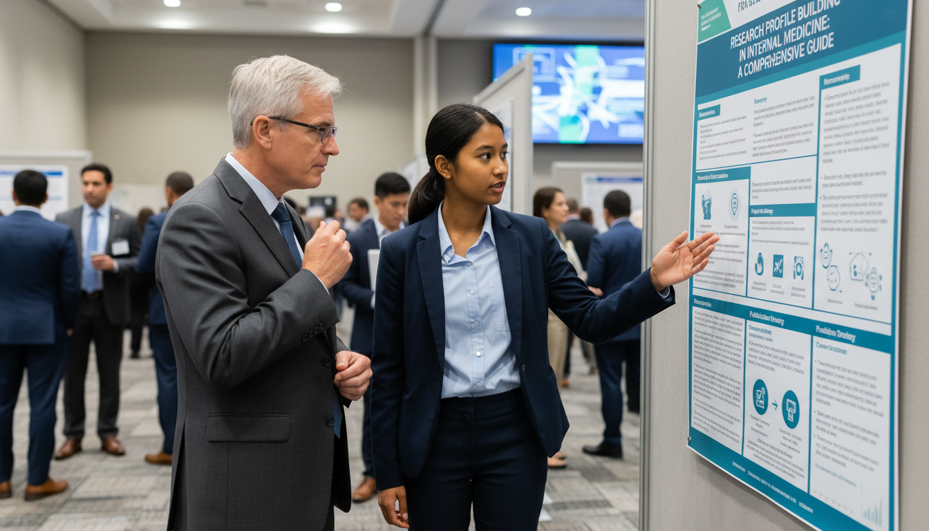 Medical student presenting a research poster at a conference Medical student presenting a research poster at a conference - internal medicine residency for Research Profile Building in I