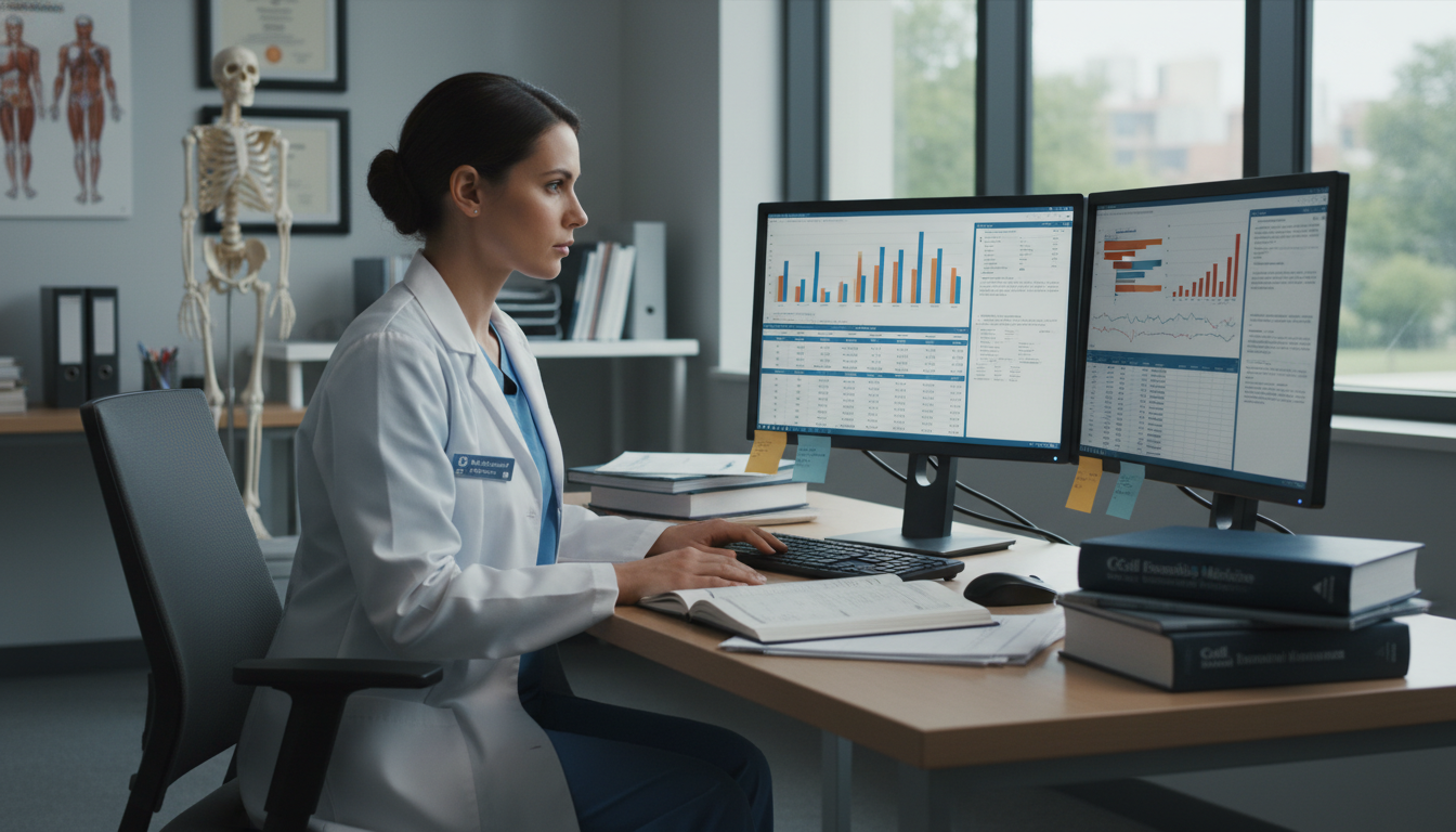 Internal medicine resident analyzing research data on a computer Internal medicine resident analyzing research data on a computer - internal medicine residency for Research Profile Building