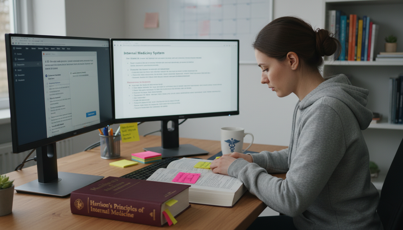 Medical student using question bank and textbooks for USMLE Step 1 study - internal medicine residency for USMLE Step 1 Prepa