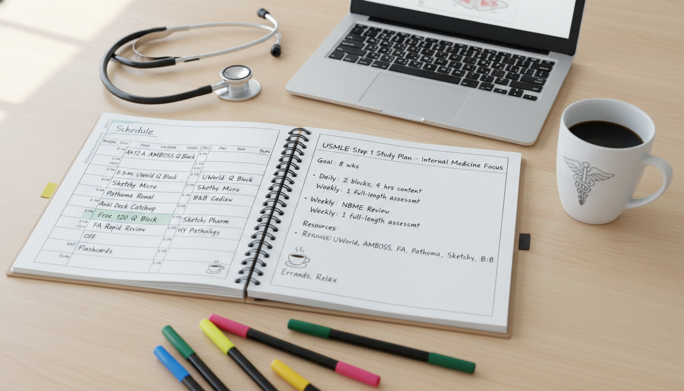 Organized weekly study schedule for USMLE Step 1 preparation - internal medicine residency for USMLE Step 1 Preparation in In