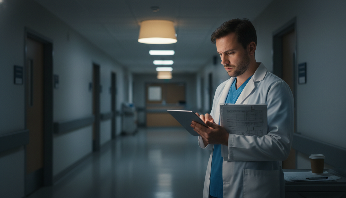 Internal medicine resident reviewing patient charts late in the hospital hallway Internal medicine resident reviewing patient charts late in the hospital hallway - internal medicine residency for Managing R