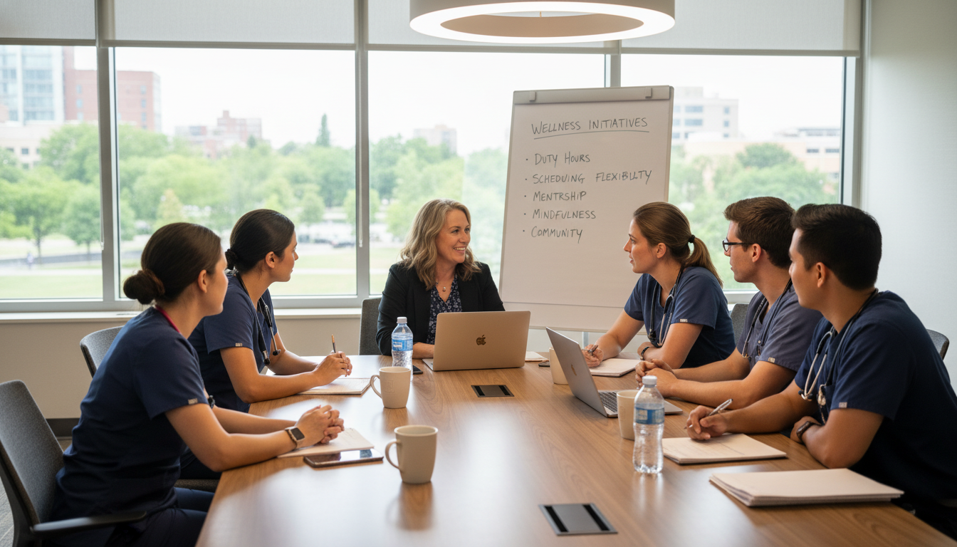 Internal medicine residents discussing wellness and support Internal medicine residents discussing wellness and support - internal medicine residency for Work-Life Balance Assessment in