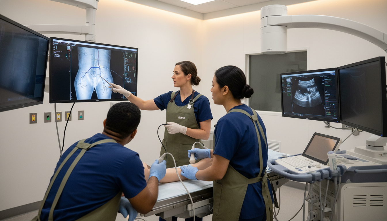 Interventional radiology team teaching residents in a procedure suite Interventional radiology team teaching residents in a procedure suite - interventional radiology residency for Academic vs Pr