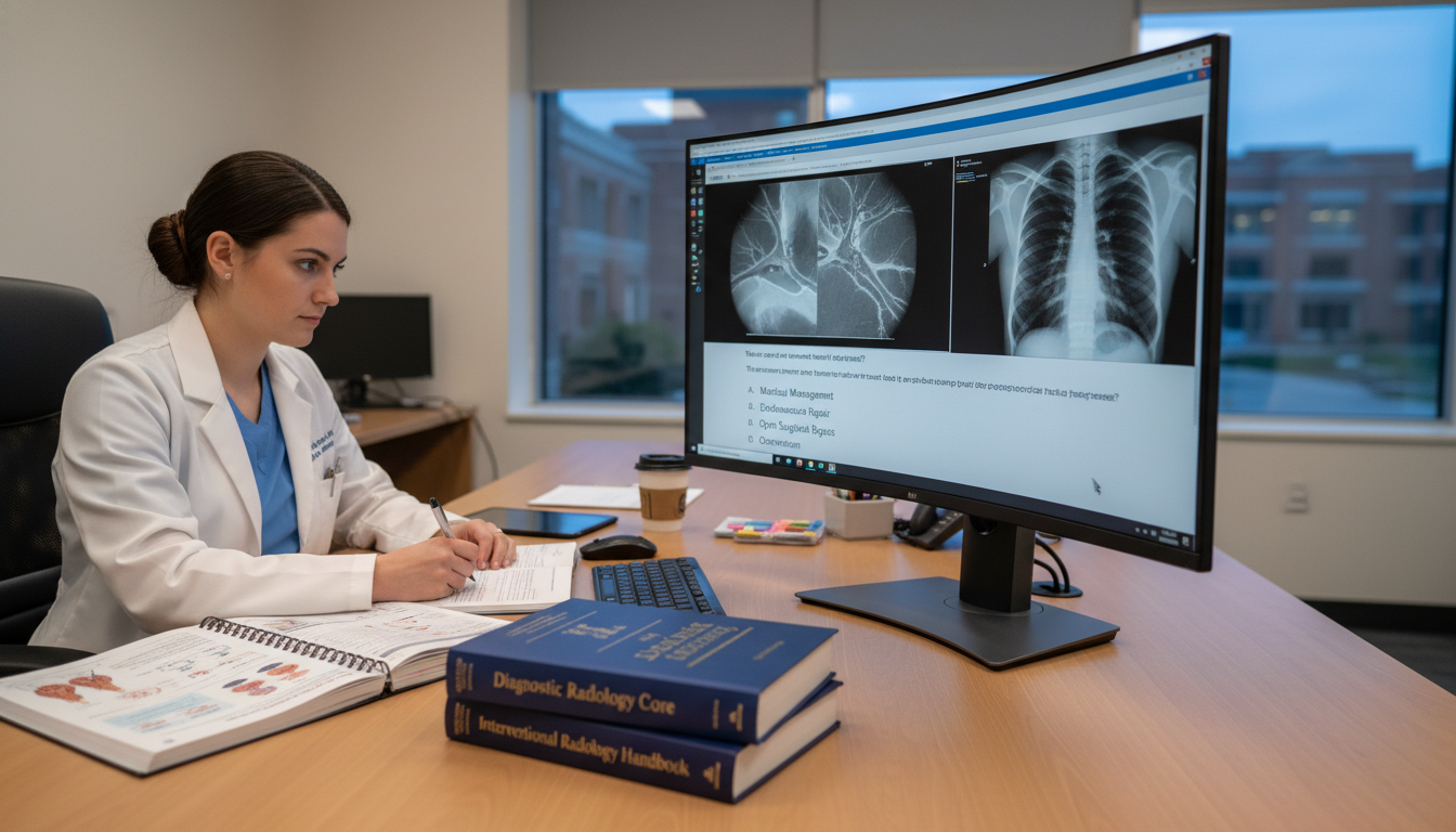 Resident using textbooks and online question bank for IR board exam preparation Resident using textbooks and online question bank for IR board exam preparation - interventional radiology residency for Boar