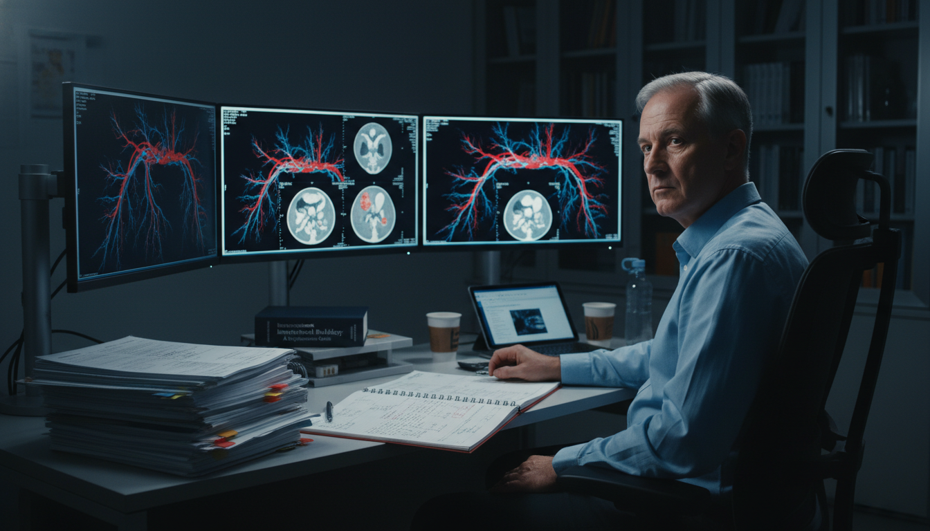 Senior interventional radiology resident reviewing angiography cases on multiple monitors Senior interventional radiology resident reviewing angiography cases on multiple monitors - interventional radiology residenc
