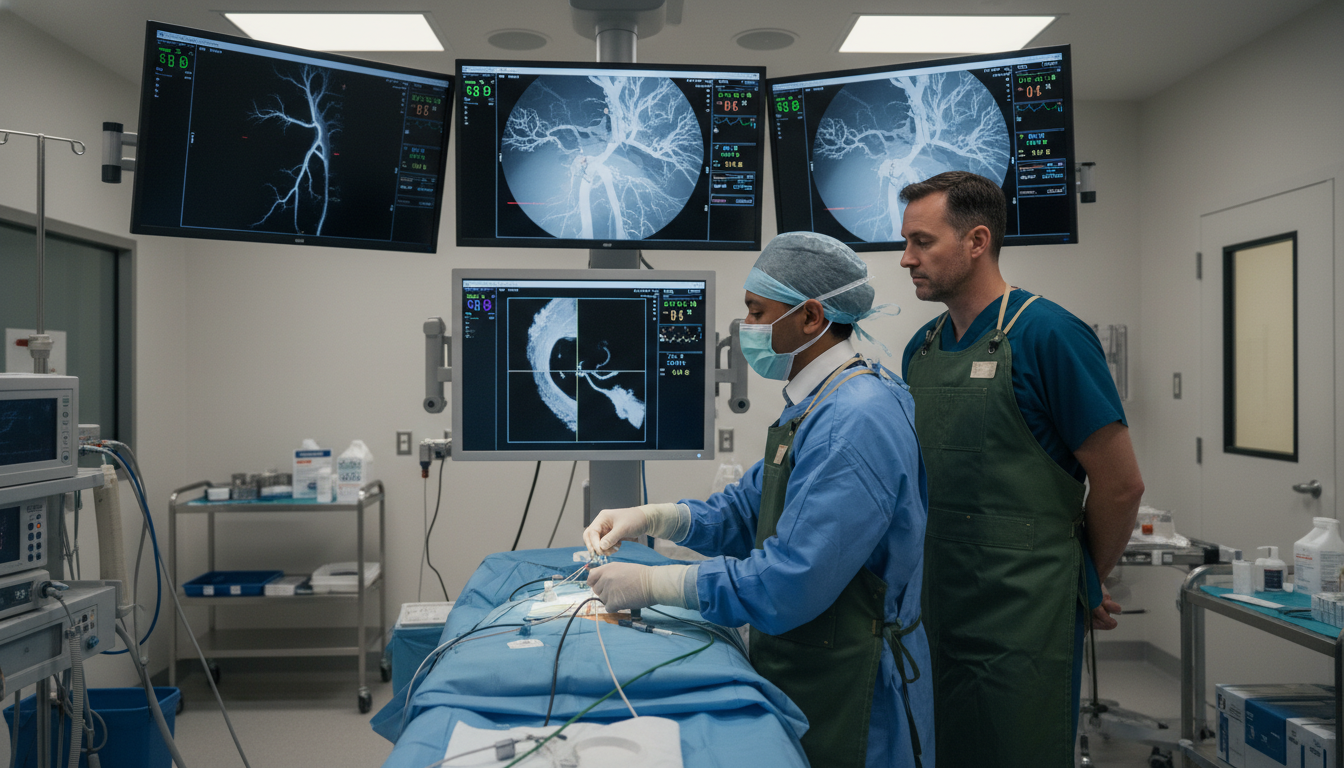Interventional radiology resident in angiography suite performing a procedure Interventional radiology resident in angiography suite performing a procedure - interventional radiology residency for Case V