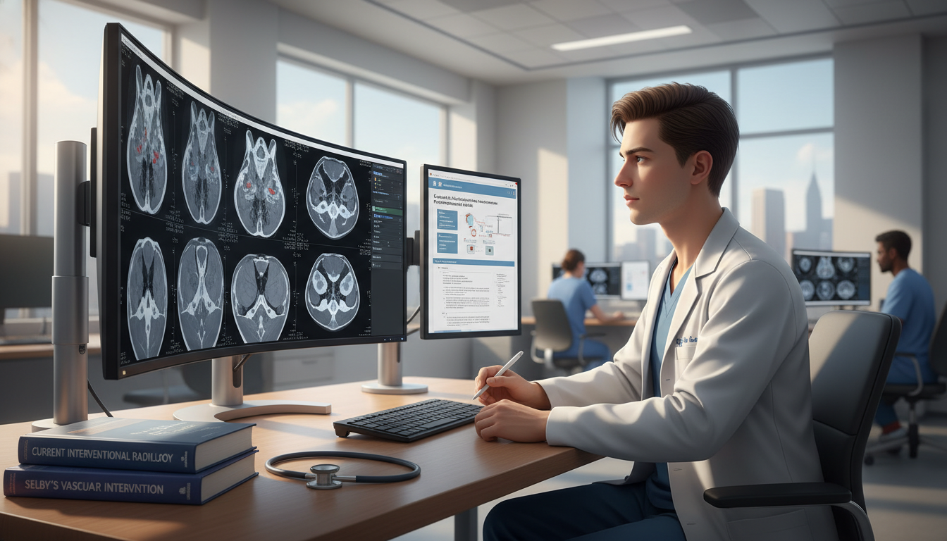 Medical student preparing for interventional radiology rotation by reviewing imaging and notes - interventional radiology res