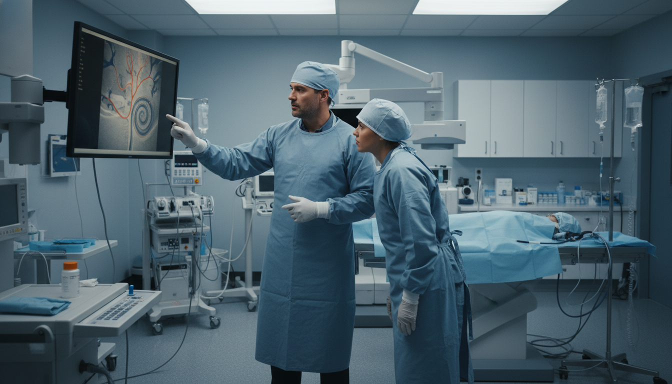 Interventional radiology attending teaching medical student during an angiographic procedure - interventional radiology resid