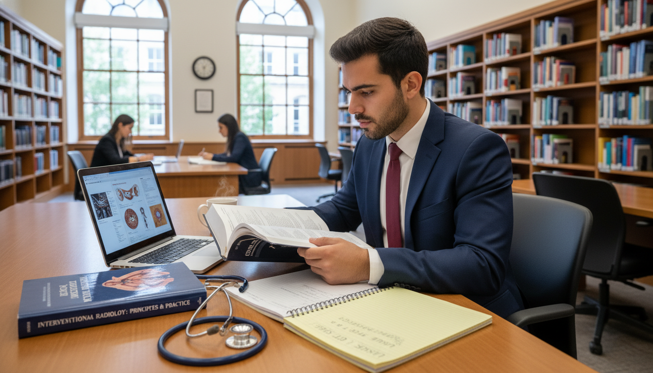 International medical graduate studying for USMLE Step 3 in a hospital library International medical graduate studying for USMLE Step 3 in a hospital library - interventional radiology residency for H-1B