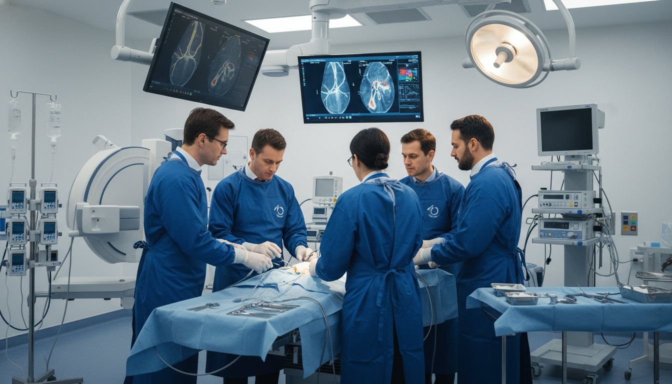 Interventional radiology team performing a minimally invasive procedure Interventional radiology team performing a minimally invasive procedure - interventional radiology residency for H-1B Sponsor