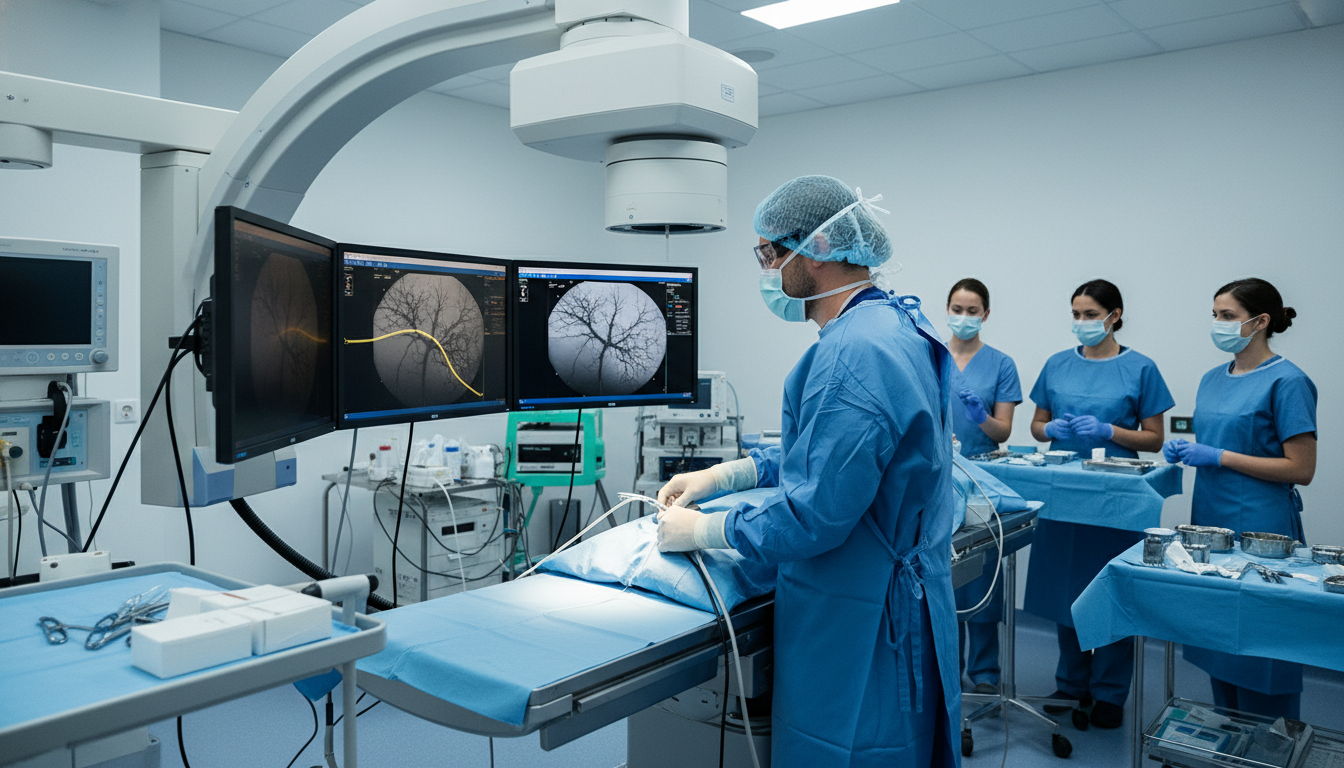 Interventional radiologist performing a fluoroscopy-guided procedure Interventional radiologist performing a fluoroscopy-guided procedure - interventional radiology residency for Locum Tenens Op