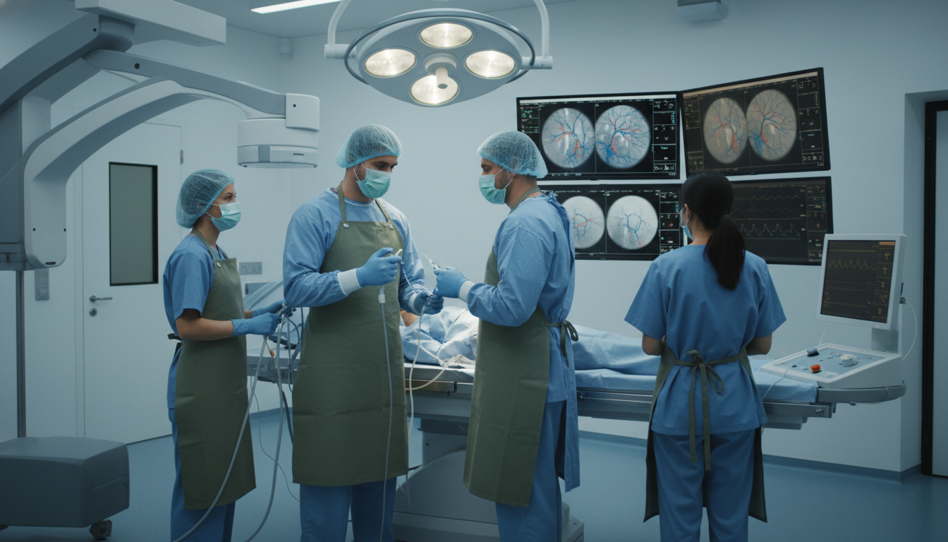 Interventional radiology team performing a complex vascular procedure Interventional radiology team performing a complex vascular procedure - interventional radiology residency for Malpractice In