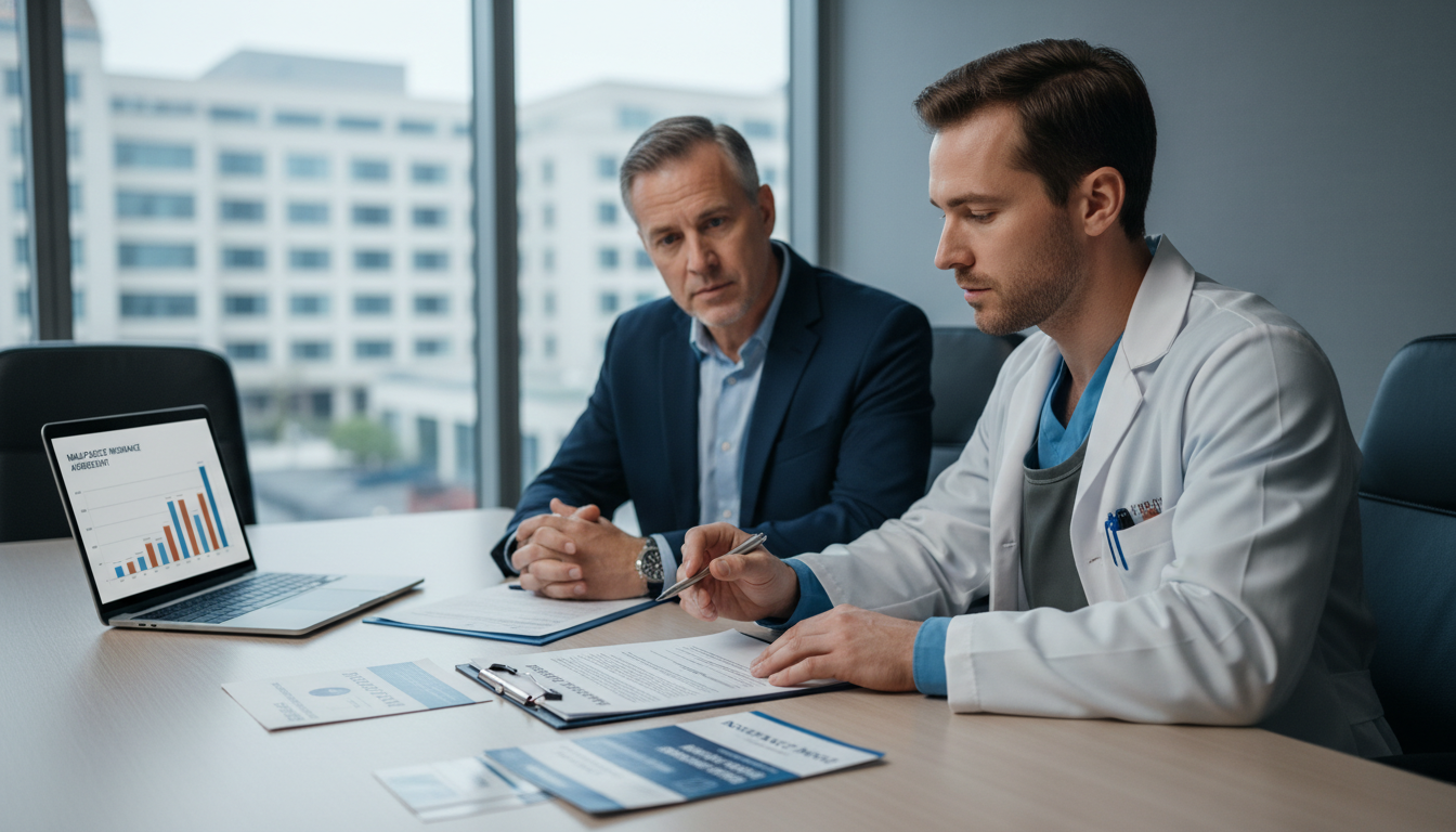 Interventional radiologist meeting with hospital administrator to review malpractice insurance coverage Interventional radiologist meeting with hospital administrator to review malpractice insurance coverage - interventional radi