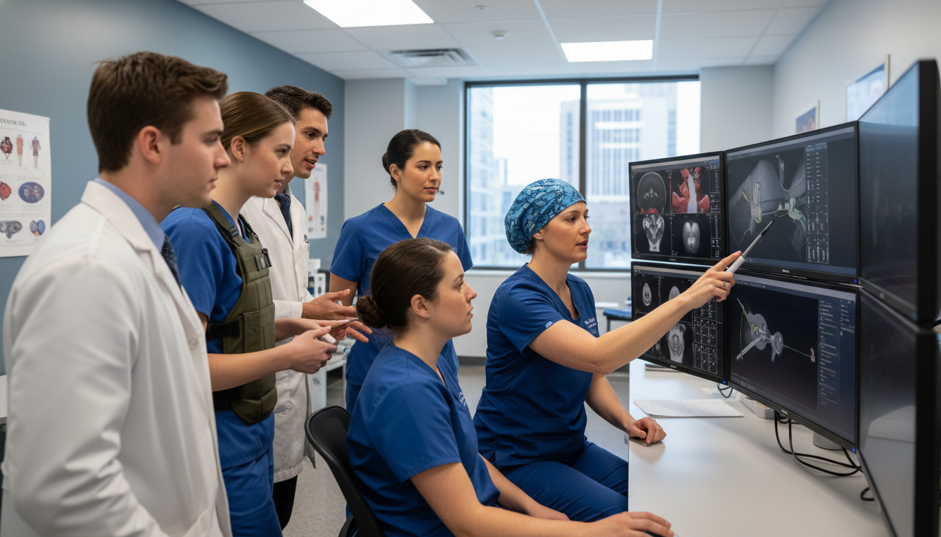 Medical students and residents discussing interventional radiology cases with a mentor Medical students and residents discussing interventional radiology cases with a mentor - interventional radiology residency f