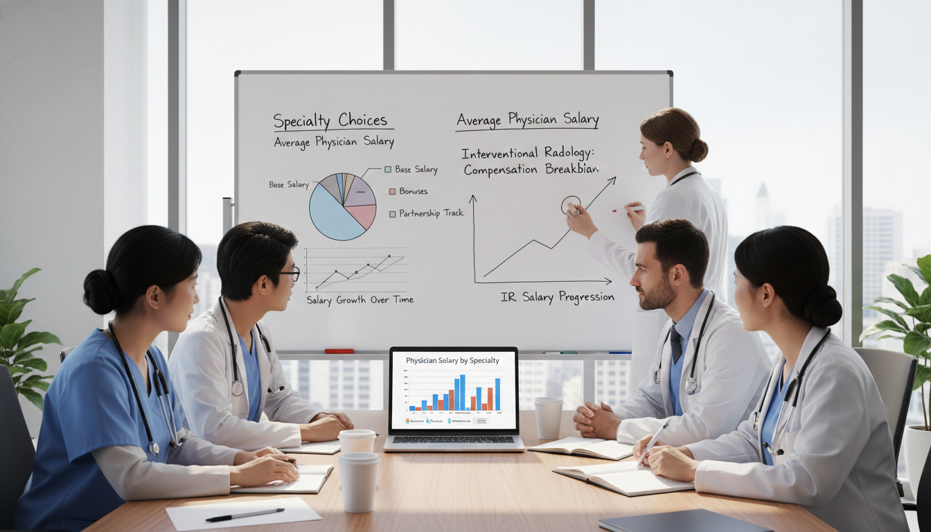 Medical residents comparing specialty salaries on a laptop Medical residents comparing specialty salaries on a laptop - interventional radiology residency for Physician Salary by Speci