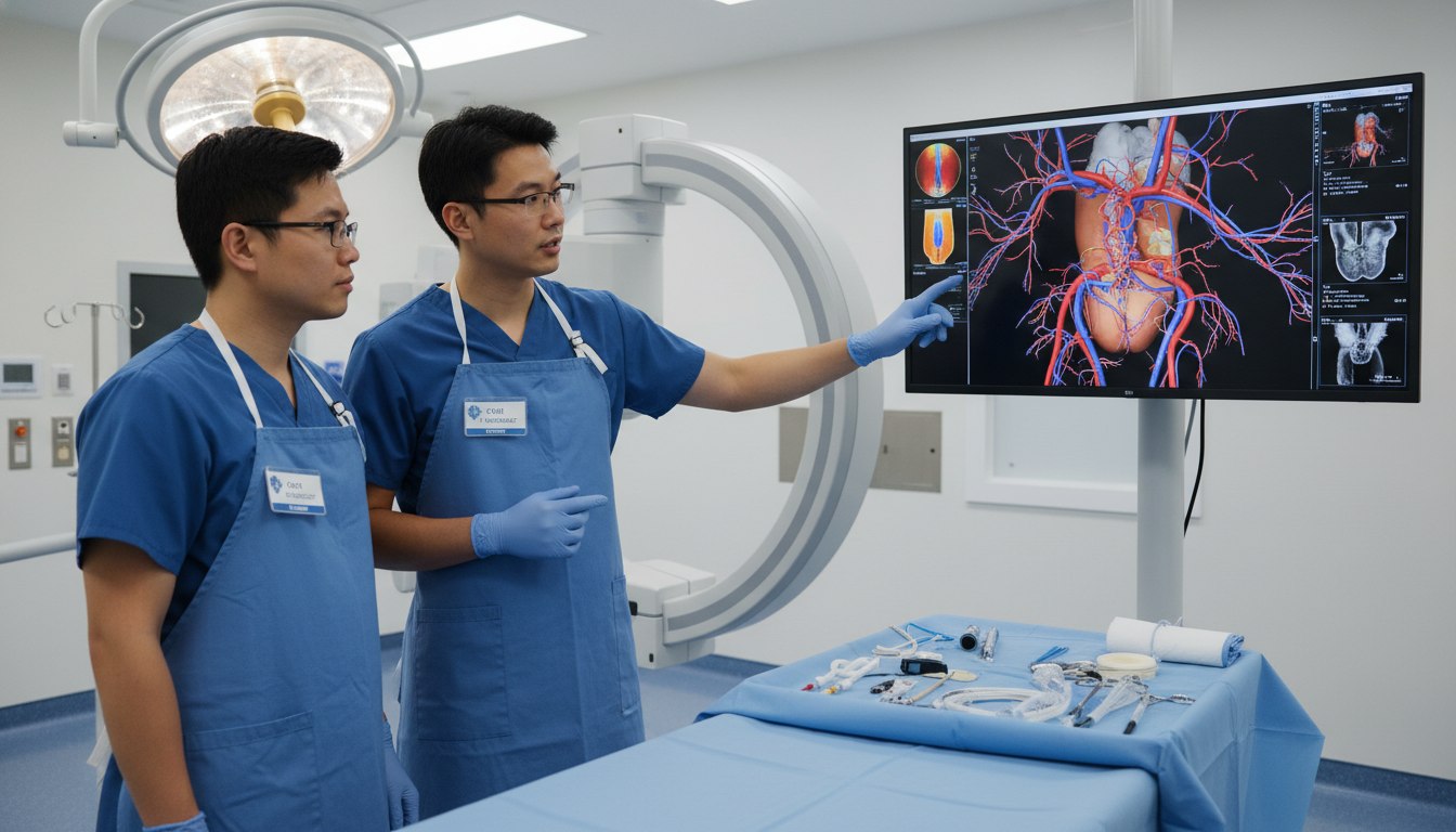 Interventional radiology resident and attending reviewing imaging in procedure suite Interventional radiology resident and attending reviewing imaging in procedure suite - interventional radiology residency for