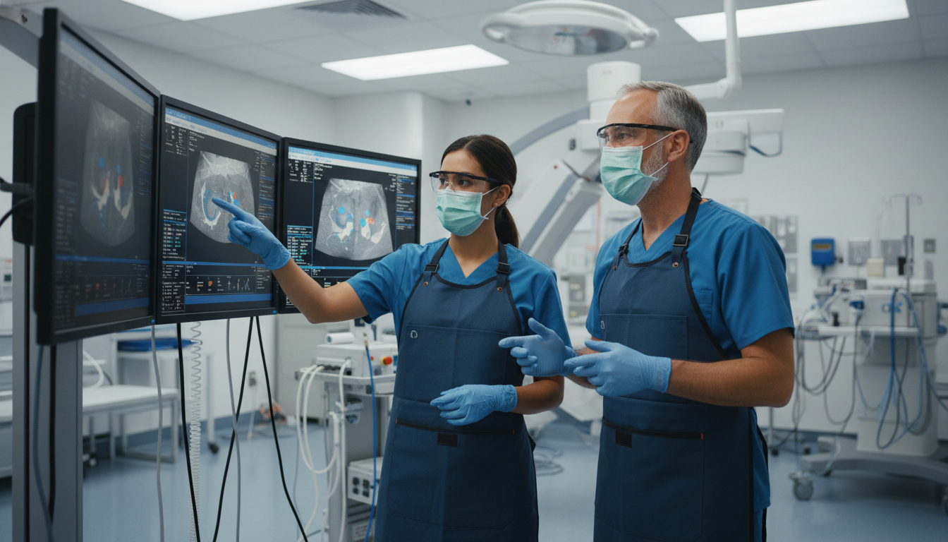 Interventional radiology resident in angiography suite reviewing imaging with attending - interventional radiology residency