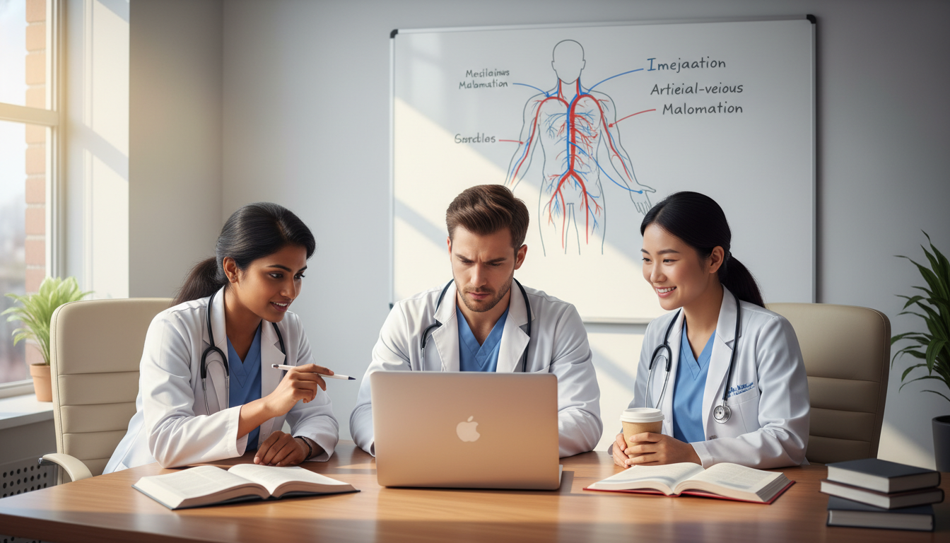 Interventional radiology residents conversing in a hospital conference room - interventional radiology residency for Question