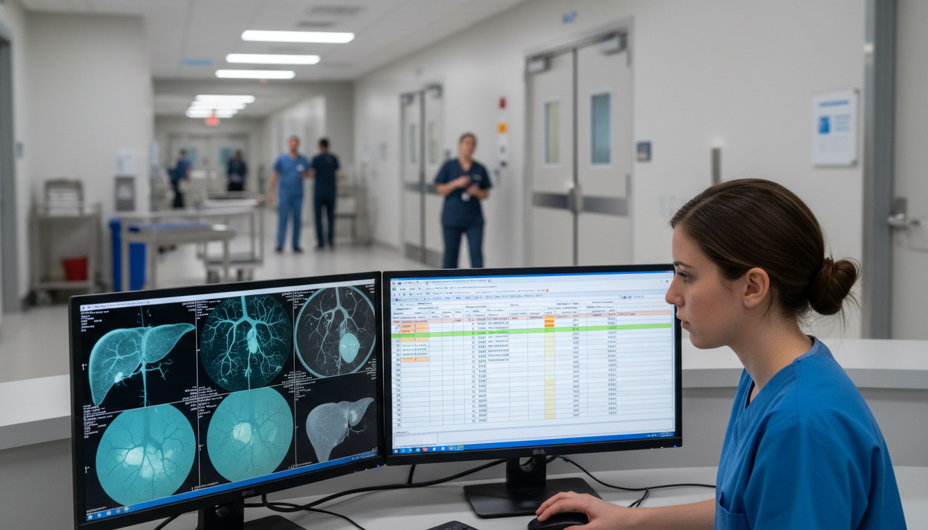 Interventional radiology resident working on a research project with dual screens Interventional radiology resident working on a research project with dual screens - interventional radiology residency for Re