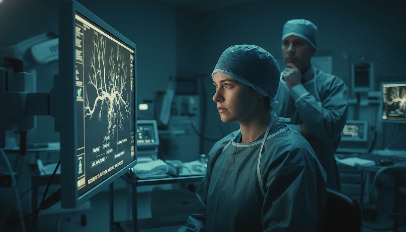 Interventional radiology resident looking at angiography screen during a procedure Interventional radiology resident looking at angiography screen during a procedure - interventional radiology residency for R