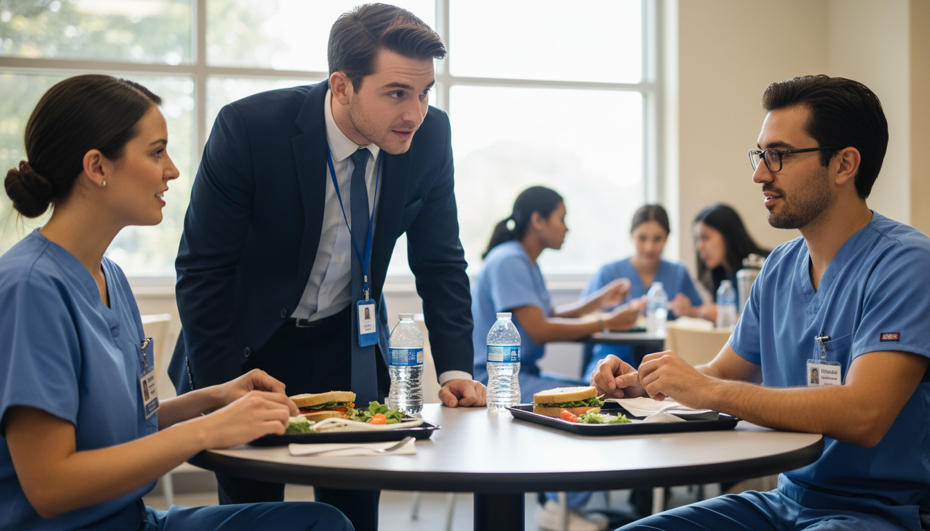 Medical student talking with interventional radiology residents during an interview day lunch Medical student talking with interventional radiology residents during an interview day lunch - interventional radiology resi