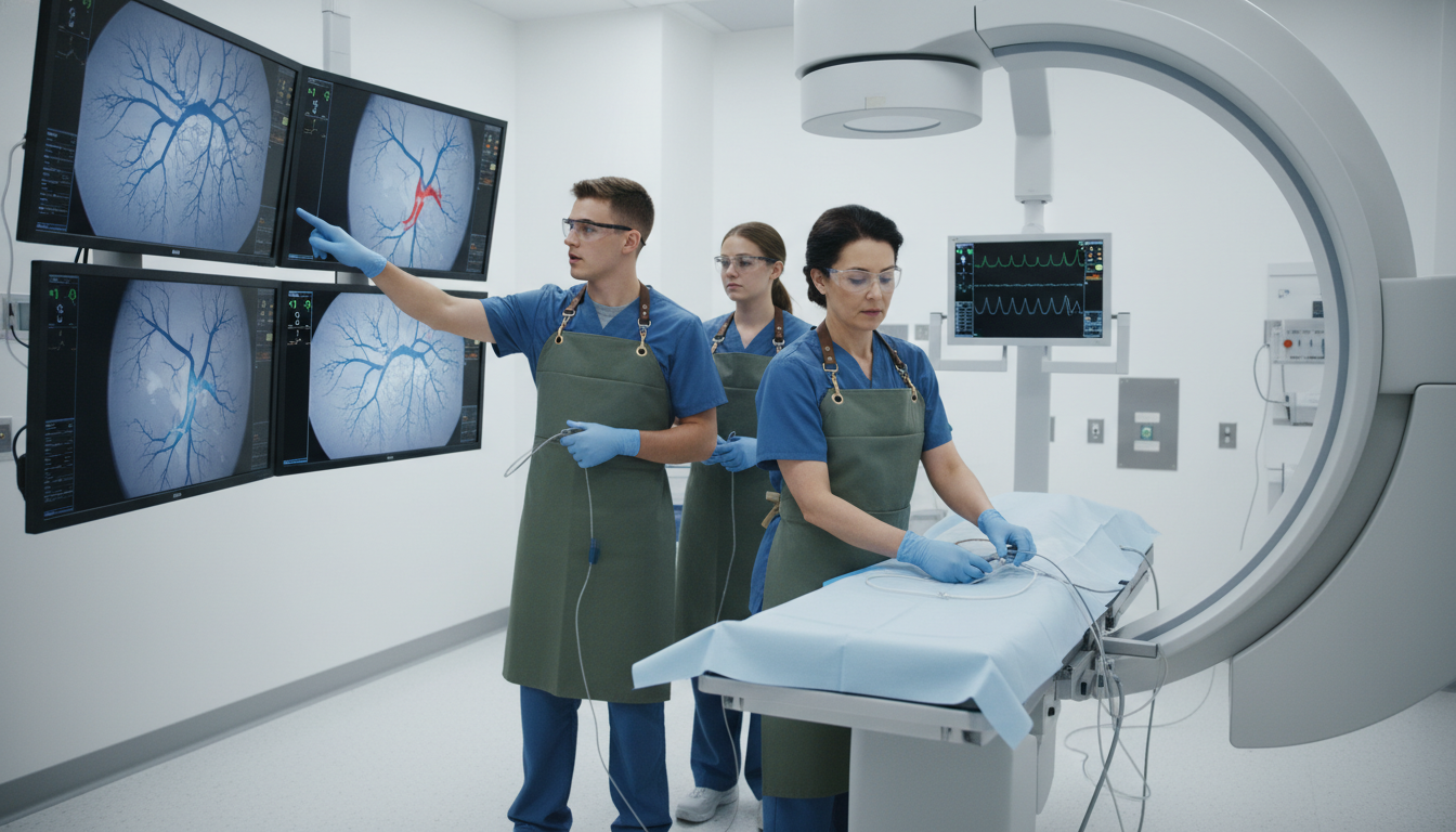 Interventional radiology team performing a procedure in angiography suite - interventional radiology residency for USMLE Step