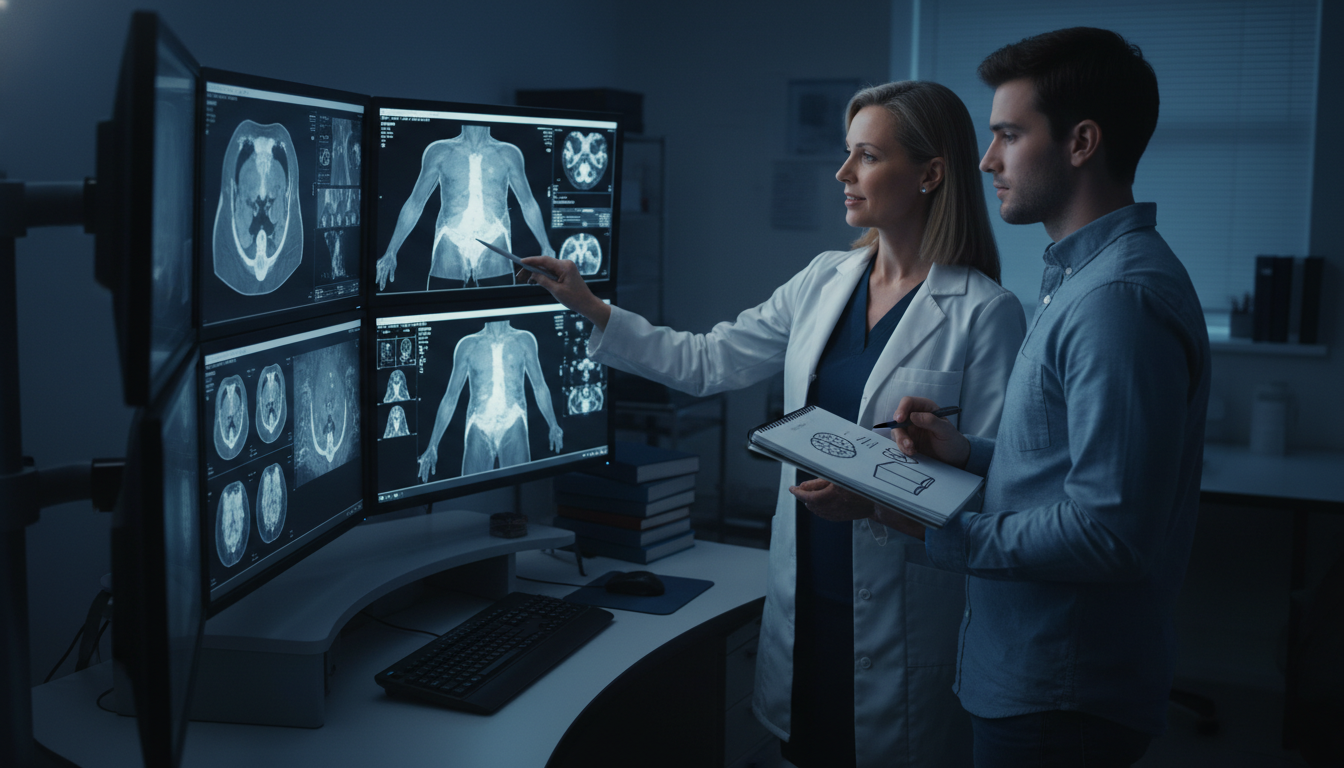 Interventional radiology resident and medical student reviewing imaging - interventional radiology residency for USMLE Step 2