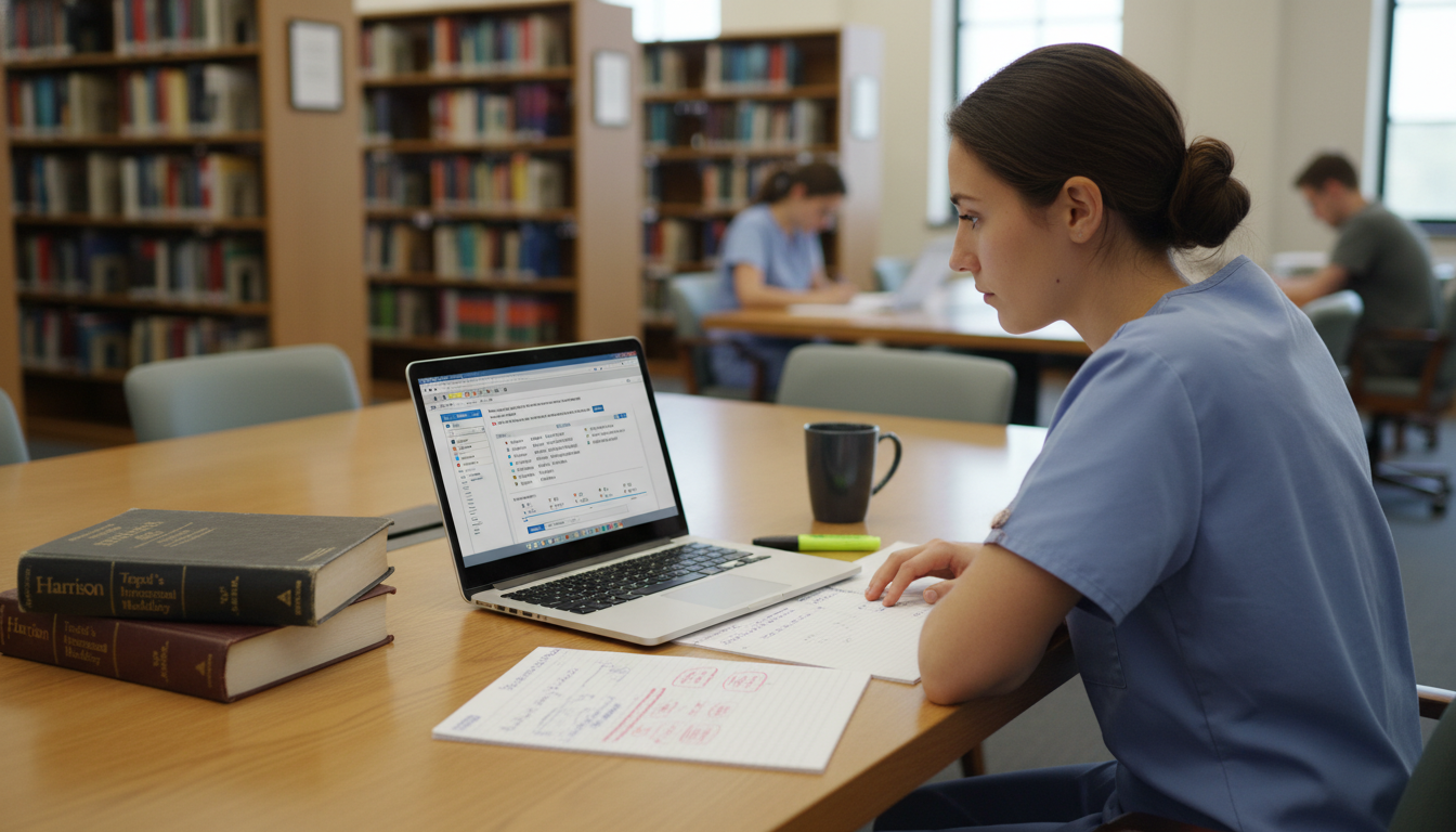Resident reviewing USMLE Step 3 materials with interventional radiology textbooks - interventional radiology residency for US