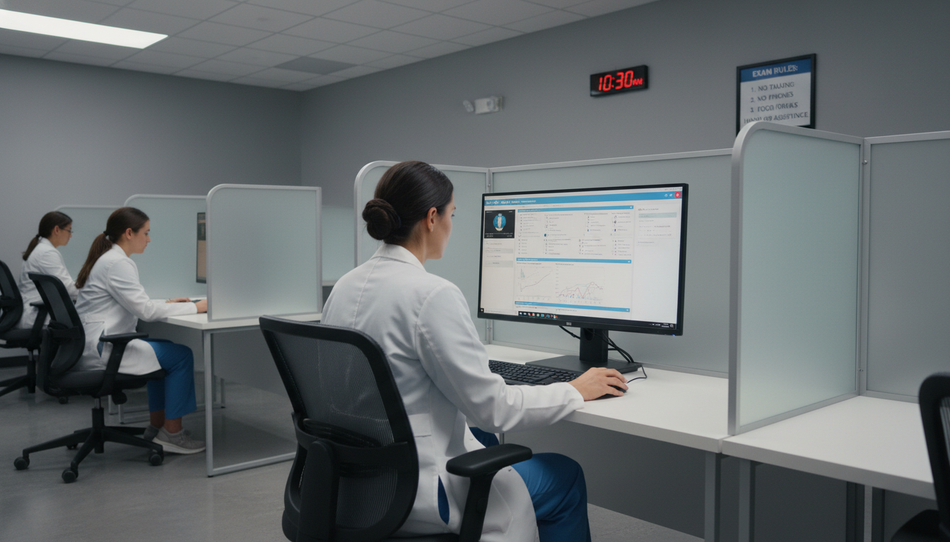 Physician taking USMLE Step 3 exam in a testing center - interventional radiology residency for USMLE Step 3 Preparation in I