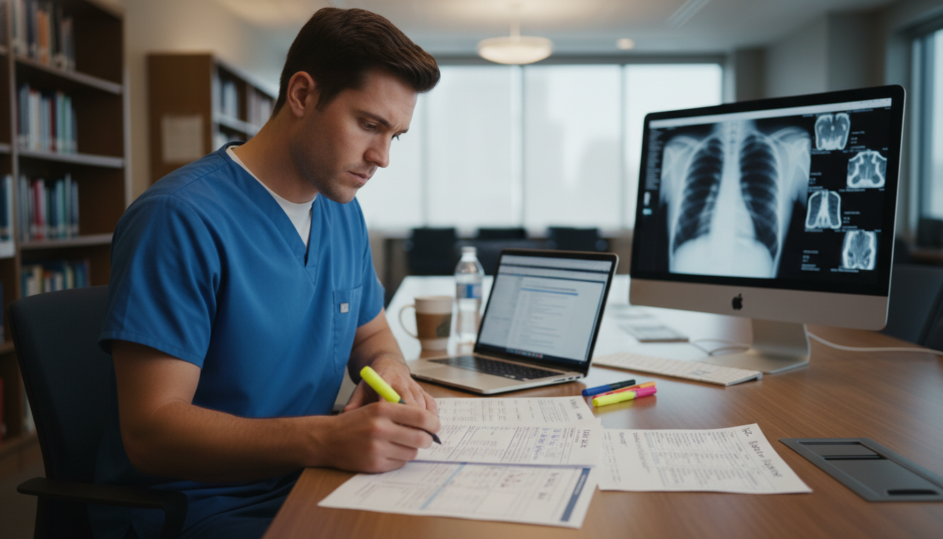 Resident physician reviewing USMLE step exam strategy for interventional radiology - interventional radiology residency for S