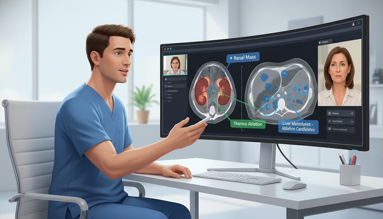 Interventional radiologist conducting a virtual consult reviewing imaging with a patient Interventional radiologist conducting a virtual consult reviewing imaging with a patient - interventional radiology residency
