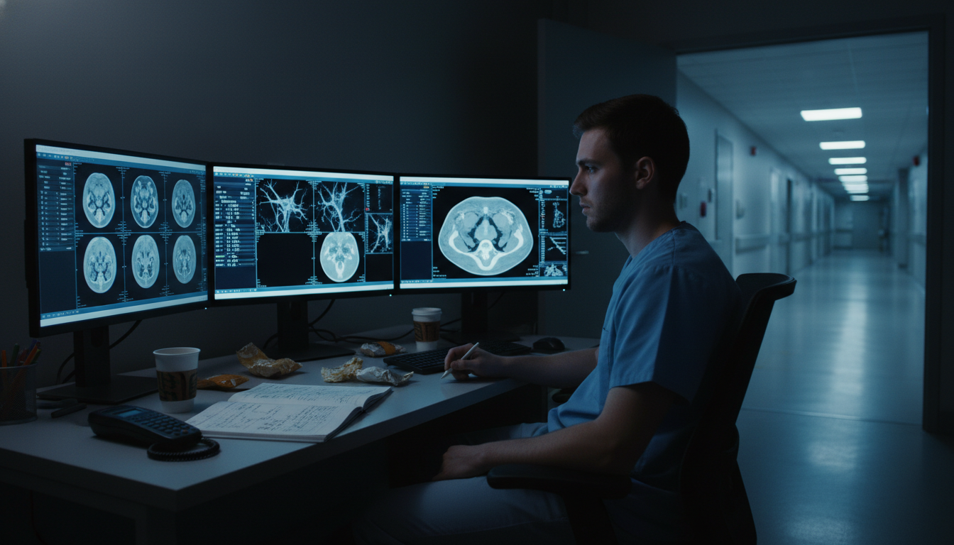 Interventional radiology resident on call at night reviewing imaging in a hospital workroom Interventional radiology resident on call at night reviewing imaging in a hospital workroom - interventional radiology reside