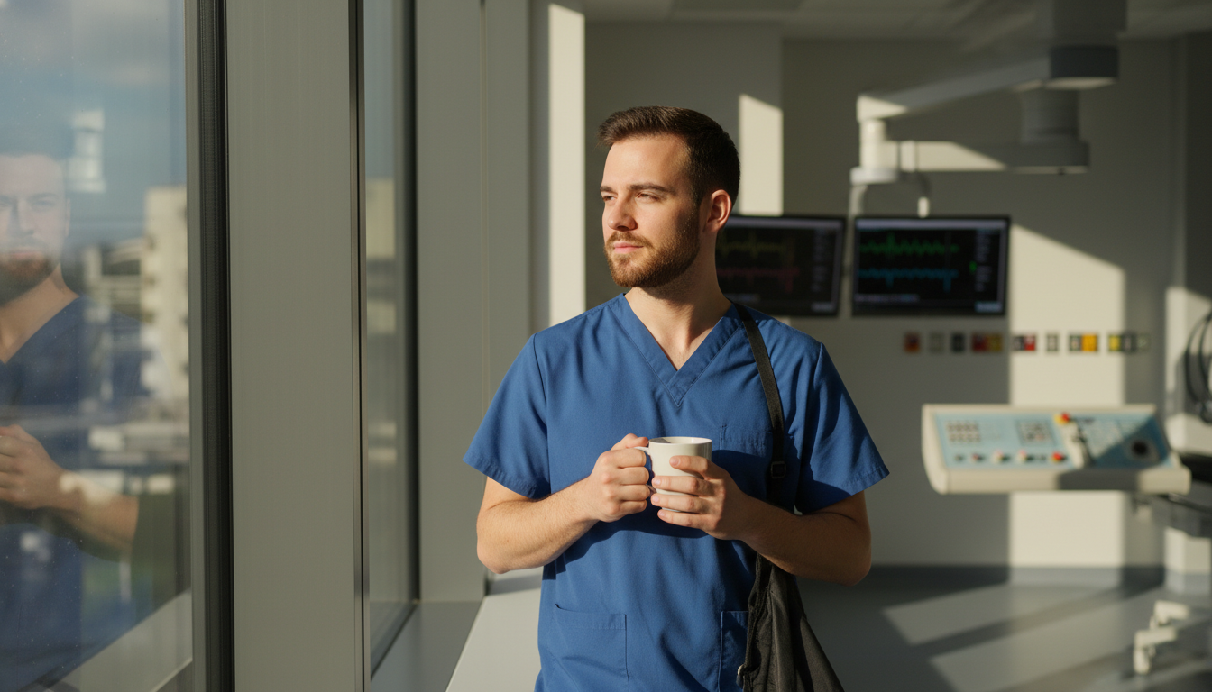 Interventional radiology resident taking a brief break near a hospital window Interventional radiology resident taking a brief break near a hospital window - interventional radiology residency for Managi