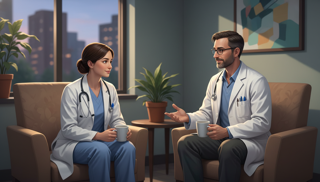 Med-Peds resident reflecting with mentor during a break Med-Peds resident reflecting with mentor during a break - med peds residency for Residency Burnout Prevention in Medicine-Ped