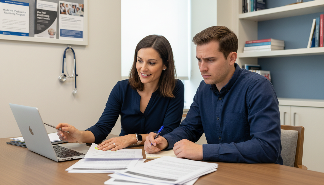 Advisor and medical student reviewing a residency application Advisor and medical student reviewing a residency application - med peds residency for Failed Match Recovery in Medicine-Pedi