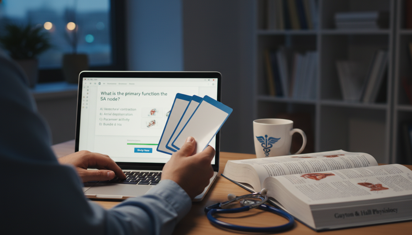 Medical student using flashcards and laptop for spaced repetition studying - med peds residency for Surviving First Year of M