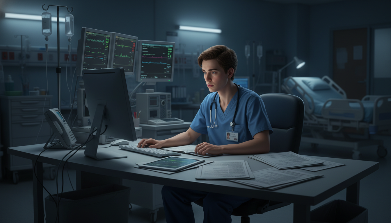 Overworked medicine pediatrics resident on a night shift - med peds residency for Identifying Malignant Programs in Medicine-