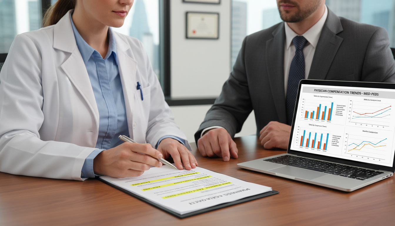 Medicine-Pediatrics physician reviewing contract and salary details Medicine-Pediatrics physician reviewing contract and salary details - med peds residency for Physician Salary by Specialty in