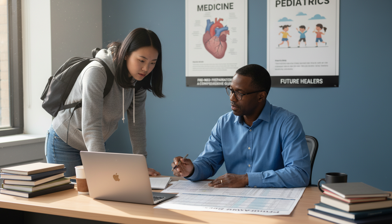Premed student meeting with academic advisor Premed student meeting with academic advisor - med peds residency for Pre-Med Preparation in Medicine-Pediatrics: A Comprehen