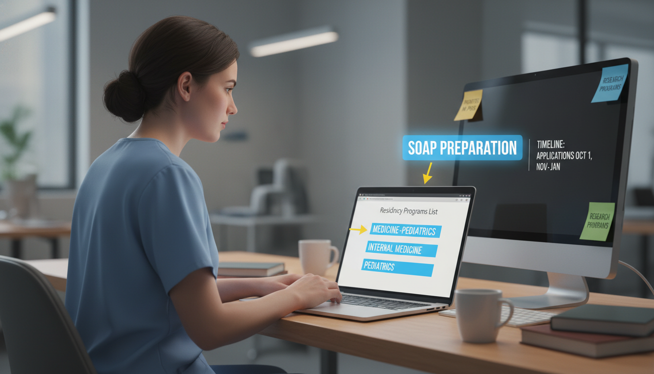 Resident reviewing SOAP program options in medicine-pediatrics - med peds residency for SOAP Preparation in Medicine-Pediatri