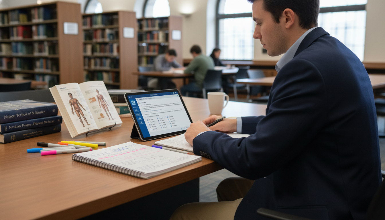 Medical student studying USMLE Step 2 CK question bank on a tablet Medical student studying USMLE Step 2 CK question bank on a tablet - med peds residency for USMLE Step 2 CK Preparation in Me